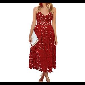 Red Lace V Neck Midi Dress